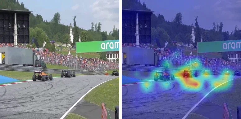 A 2021 frame from the Red Bull Ring next to its year Grad-CAM heatmap