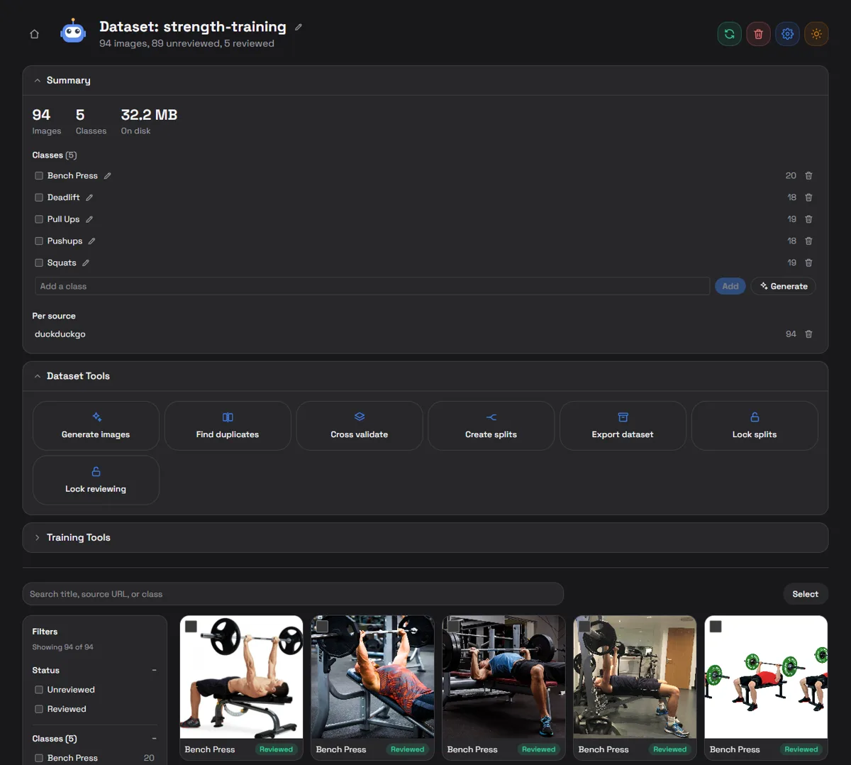 Sorty's dataset view, with the class summary, dataset tools, and image grid